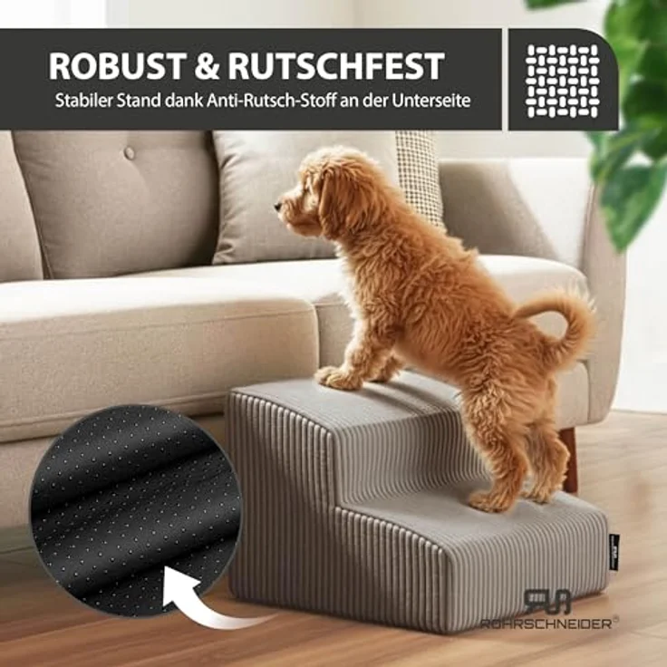 Rohrschneider Hundetreppe für kleine Hunde, Rutschfeste Haustiertreppe mit waschbarem Cordbezug, Hunderampe mit Schaumstofffüllung (Taupe), Made in EU – Bild 5