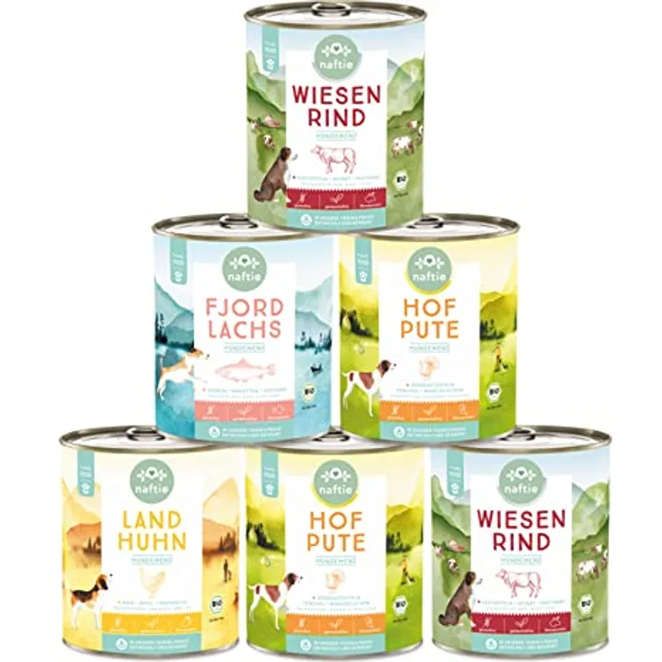 naftie Bio Hundefutter Mischpaket, glutenfreies Nassfutter mit 4 Sorten, purinarm, 6x800g