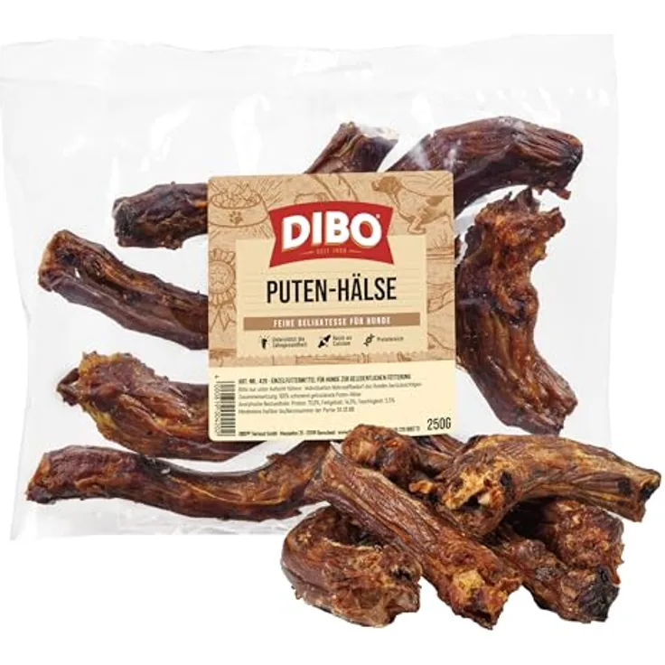 DIBO Puten-Hälse, 250g, natürliche Hundesnacks ohne chemische Zusätze, Qualitätsfutter aus deutscher Herstellung