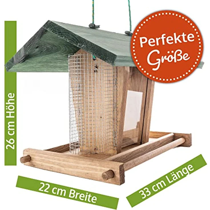 Zooprinz Vogelhaus "Bird Kitchen", wetterfestes Vollholz mit Plexiglasscheiben, Sitzstangen und Schutzdach, weiß oder naturbraun – Bild 6