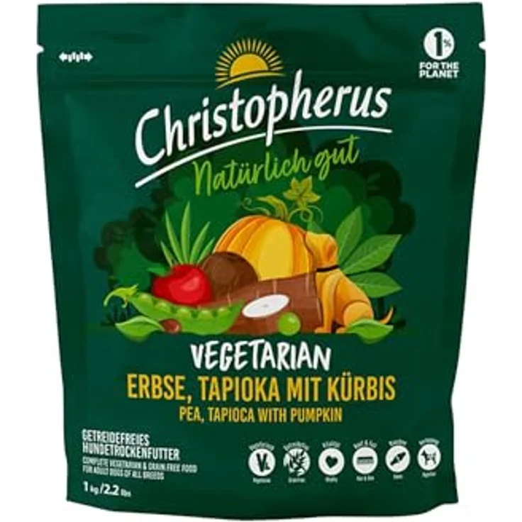 Christopherus Vegetarisches Trockenfutter für Hunde, Alleinfutter für alle Rassen, mit Erbse, Tapioka und Kürbis, 1 kg, getreidefrei und gut verträglich – Bild 1