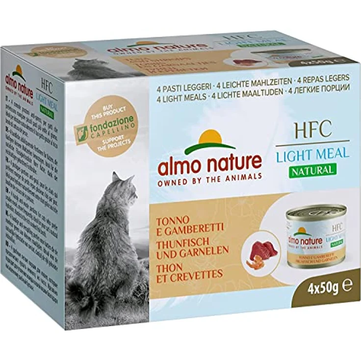 Almo Nature HFC Natural Light Meal Katzenfutter für ausgewachsene Katzen, Thunfisch und Garnelen, 4 Dosen à 50 g, 100% natürliche Zutaten – Bild 1