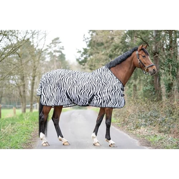 HKM 4668 Fliegendecke Zebra, Insektenschutzdecke mit Kreuzgurt, 100% Polyester, Schwarz-Weiß Zebradruck, 125 cm – Bild 2