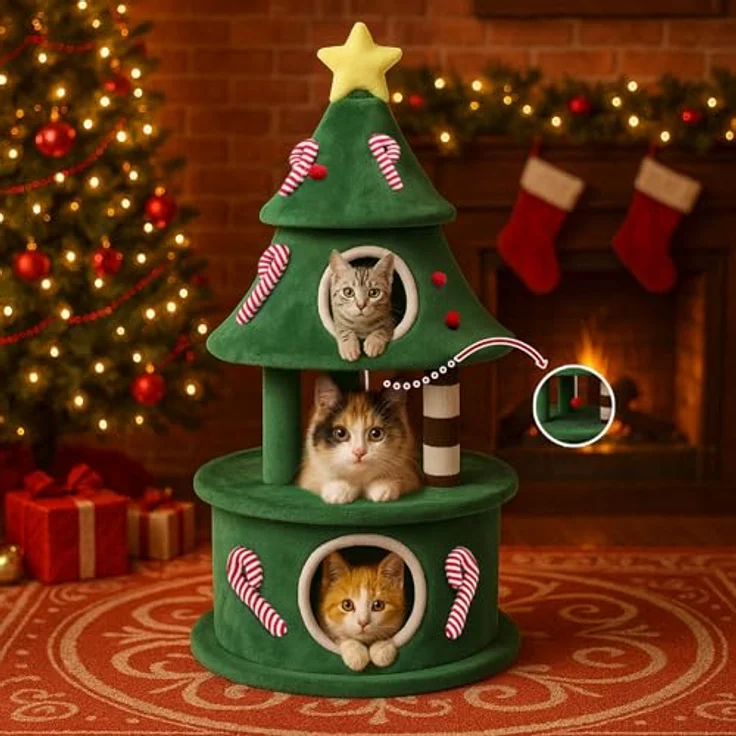 COMHOMA Kratzbaum im Weihnachtsbaum-Design, 144 cm hoch, mehrstöckiger Katzenbaum mit Katzenhaus, Spielbällen und stabilen Plattformen – Bild 1