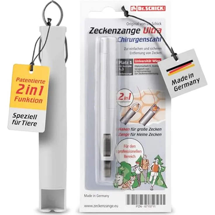 Dr. Schick Zeckenzange Ultra Chirurgenstahl, 2-in-1 Zeckenhaken & Zeckengreifer für Hunde, Katzen & Co., patentierter Mechanismus zur einfachen Zeckenentfernung