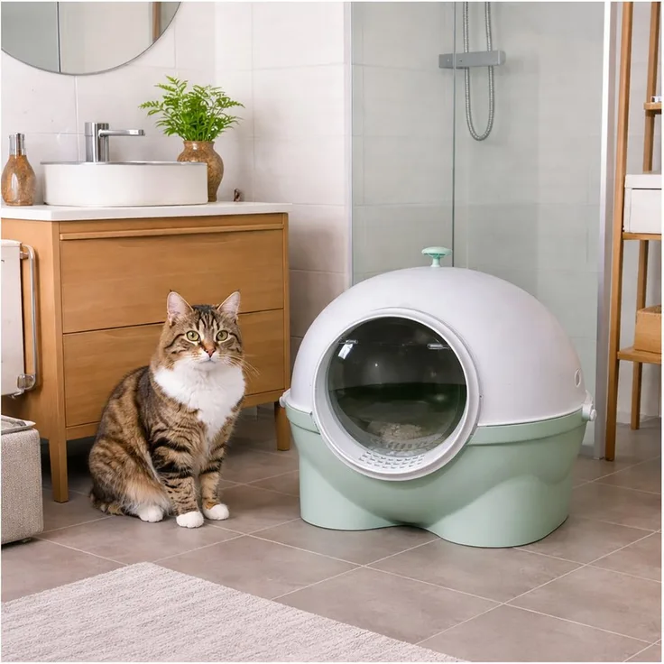 HTI-Living Katzentoilette, modernes Katzen WC in Grün und Weiß, geschlossenes Design mit großem Einstieg und Streuschaufel