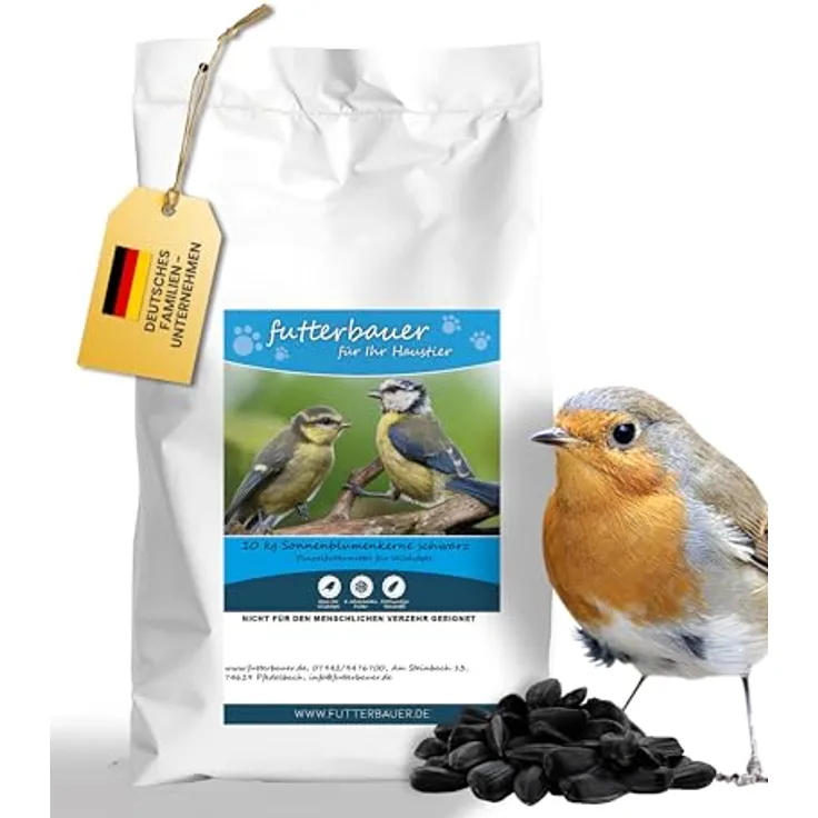Futterbauer 10 kg Schwarze Sonnenblumenkerne für Vögel, 100% Natur, Hoher Fett- & Vitamin-E-Gehalt, Gereinigt & Getrocknet mit Schale, Ernte 2025