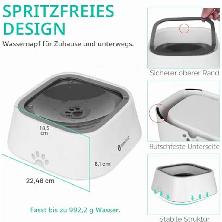 LumoLeaf Wassernapf für Hunde, 1L grau, kein Verschütten, langsamer Futterspender, tropffreies Design – Bild 4