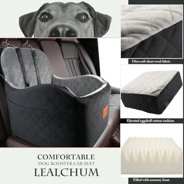 Lealchum Hund Booster Autositz für kleine/mittlere Hunde, Memory Foam, abnehmbar und waschbar, mit 2 Clip-On Sicherheitsleinen, schwarz/grau, mittel – Bild 4