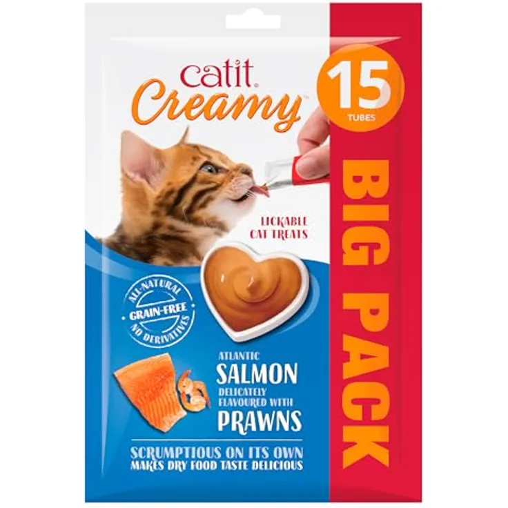 Catit Creamy, flüssigkeitsspendende Leckpaste für Katzen mit Lachs und Garnelen, 15 x 10g, reich an Eiweiß und Nährstoffen