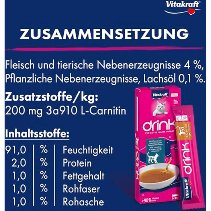 Vitakraft Drink, Katzen Leckerli flüssig mit Lachs, Zuckerfrei, in Sachets, 1 Paket mit 5x 30g – Bild 4
