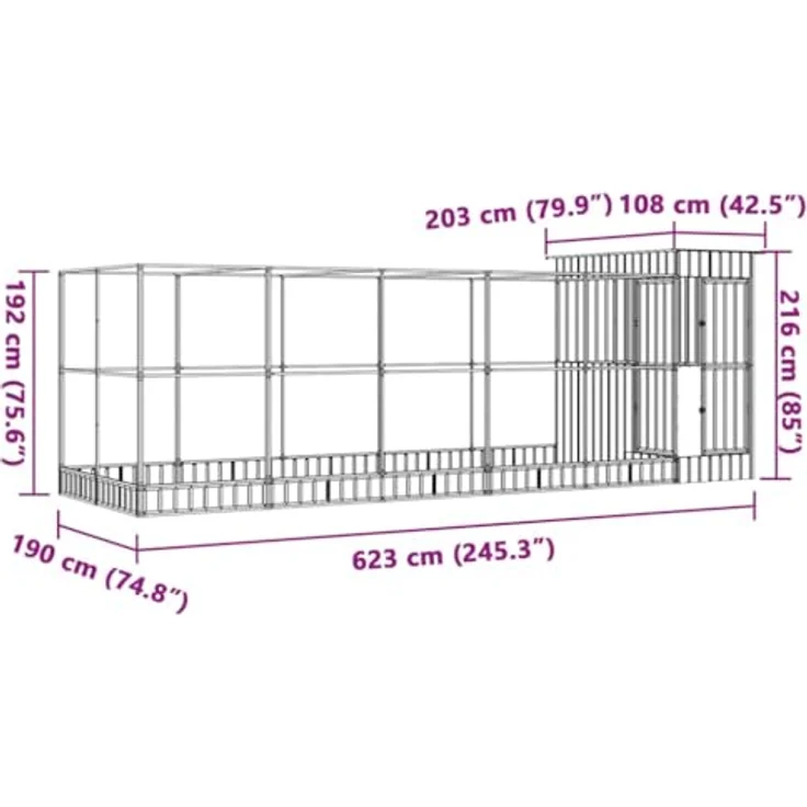 vidaXL Voliere mit Erweiterung, Silbern 623x203x216 cm, stabile Stahlkonstruktion, Wellensittichkäfig mit Verschließbarer Tür, großer Vogelkäfig für Papageien und Kleintiere – Bild 3