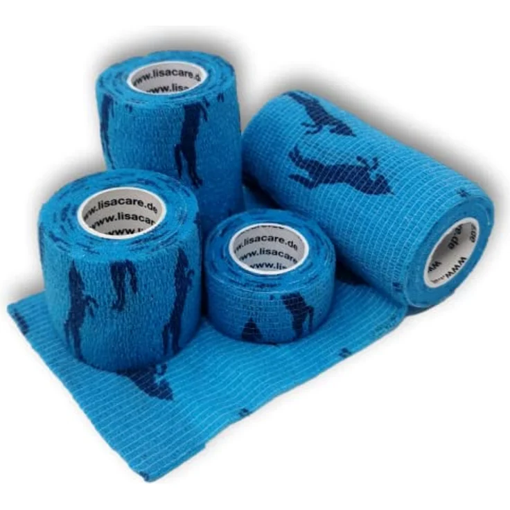 LisaCare Kohäsive Pflaster - Tier Verband - Selbstklebende Bandagen für Pferde, 4er Set, Wasser- und Schmutzabweisend, 2,5-10 cm Breit, Blau – Bild 1
