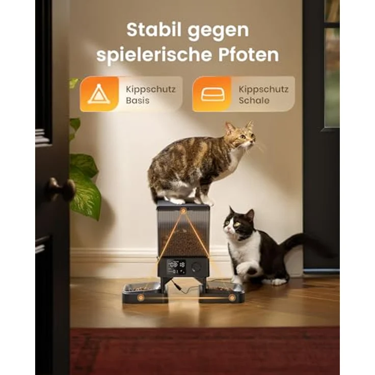 oneisall 5L Futterautomat für Katzen, Katzenfutterspender mit 2 Edelstahlnäpfen, Sprachaufnahme, Portionskontrolle und doppelte Stromversorgung – Bild 5