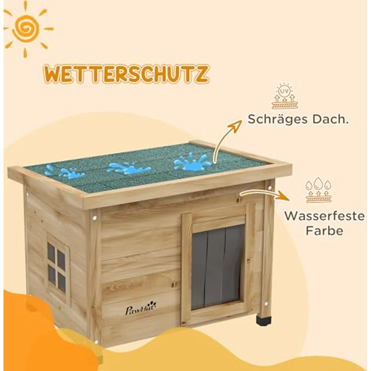 PawHut Katzenhaus aus Holz, winterfest und wasserdicht mit Asphaltdach, Fenster und Türvorhang, erhöhte Katzenhöhle für Outdoor mit Maße 57 x 45 x 43 cm, gelb – Bild 4