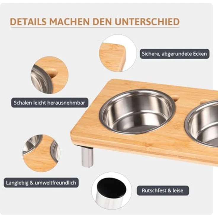 PEGGY11 Edelstahlnäpfe 2er Set, 480 ml - Erhöhte Futternäpfe mit rutschfesten Standfüßen für kleine Hunde und Katzen, stabiler Bambusständer – Bild 3