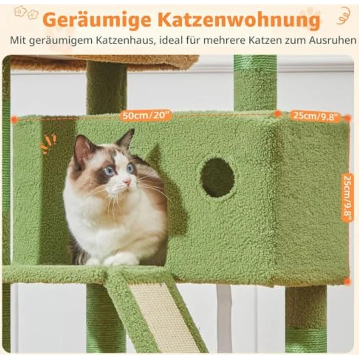 Taoqimiao 146CM Kratzbaum Groß, stabiler Katzenbaum mit 2 Katzenhäusern, Metallhängematte, 8 Kratzsäulen und Katzenkratztafel, Grün MSC026 – Bild 5