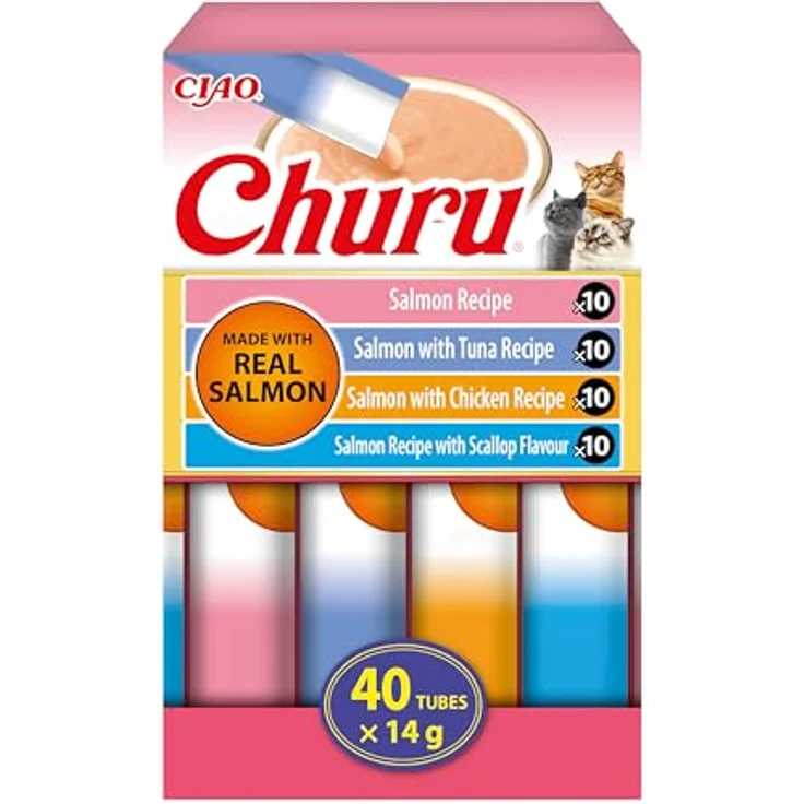 INABA Churu Salmon, Katzensnacks Variety Pack mit Lachs, Thunfisch, Huhn und Jakobsmuschel, 40 × 14 g, hoher Feuchtigkeitsgehalt, ohne Getreide – Bild 1