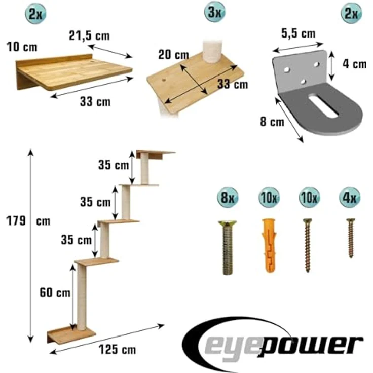 eyepower Kratzbaum zur Wandmontage Milo, 179 cm Katzenkratzbaum mit 5 Bambus Plateau, Sisalstamm, platzsparende Kletterwand für Katzen – Bild 5