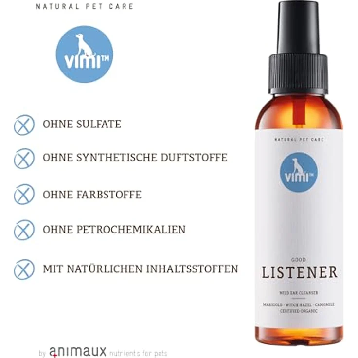 animaux Ohrenreiniger für Hunde & Katzen, milde Reinigung mit Kamille, Ringelblume & Zaubernuss, 100 ml, für empfindliche Ohren – Bild 4