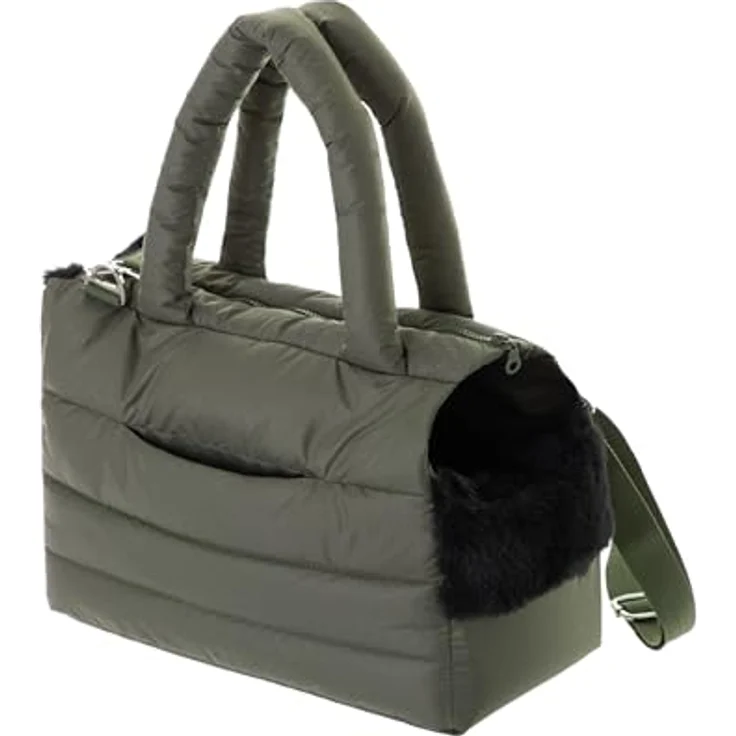 DOGGY Fluffy Ride Transporttasche für Hunde und Katzen, multifunktionale Schultertasche bis 8 kg, olivgrün mit Gummiband und Karabiner – Bild 1