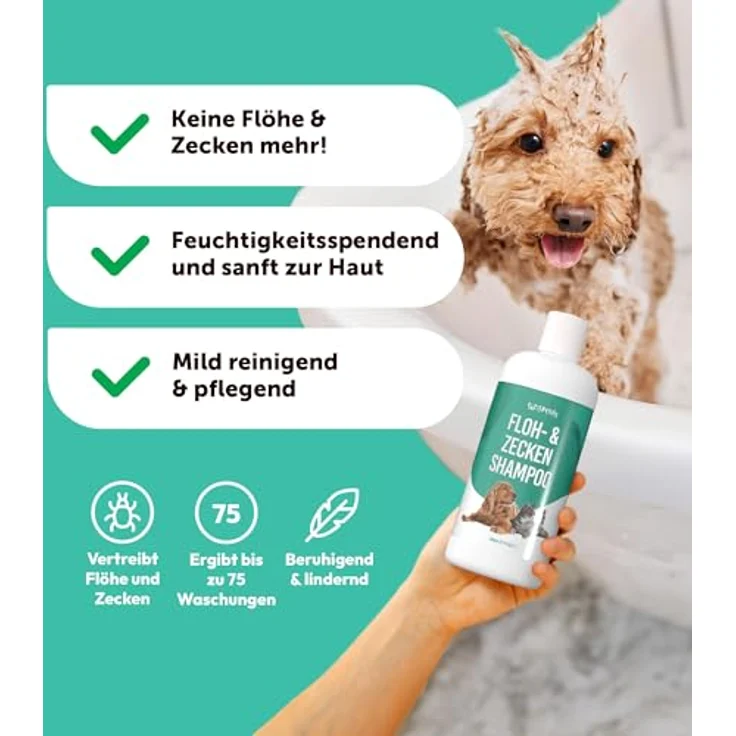 Petsly® Floh & Zeckenmittel für Hunde, 500ml, mit Teebaumöl, natürliches Flohshampoo und sanfter Hautpflege für Hunde und Katzen – Bild 2