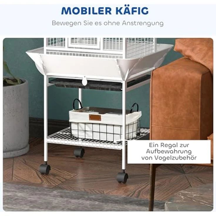 PawHut Vogelkäfig für Nymphensittiche, 3-türiger Papageienkäfig mit 2 Sitzstangen, 360° Rollen, herausnehmbarem Tablett, 62,5x62,5x156cm, Weiß – Bild 4