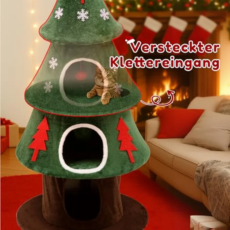 COMHOMA Kratzbaum im Weihnachtsbaum-Design, 135 cm hoch, mehrstöckiger Katzenbaum mit Katzenhaus und Sisal-Kratzsäulen, inklusive Spielball, stabil und katzenfreundlich – Bild 2
