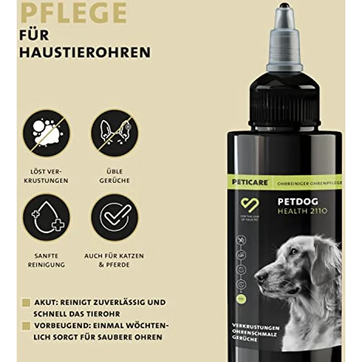Peticare Ohrenreiniger für Hunde, PRS® System für lange Wirkung, pflanzliche Inhaltsstoffe, sanfte Ohrenschmalz- und Verkrustungsbeseitigung – Bild 2