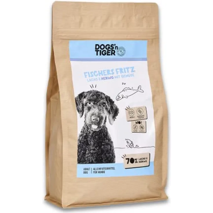 DOGS' n TIGER Adults Premium Hunde Futter, Fischers Fritz, Trockenfutter mit 70% Fleischanteil, Lachs und Hering, ohne Zucker & Getreide, 2kg