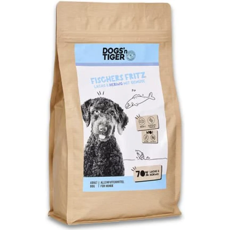 DOGS' n TIGER Adults Premium Hunde Futter, Fischers Fritz, Trockenfutter mit 70% Fleischanteil, Lachs und Hering, ohne Zucker & Getreide, 2kg – Bild 1