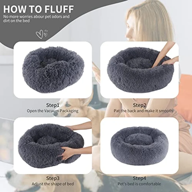 BVAGSS Hundebett Rund XH034, Flauschiges Donut Katzenbett aus ultraweichem Plüsch, Waschbar, Ø 80 cm, Dunkelgrau – Bild 5