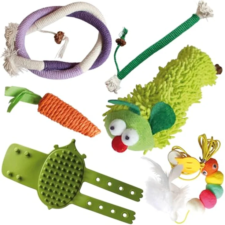 KaraLuna Katzenspielzeug Set, 6-teilig mit Plüschraupe, Fensterspielzeug, Knister-Möhre, Massage Eckbürste, interaktive Spielzeuge mit Katzenminze und Matatabi – Bild 1
