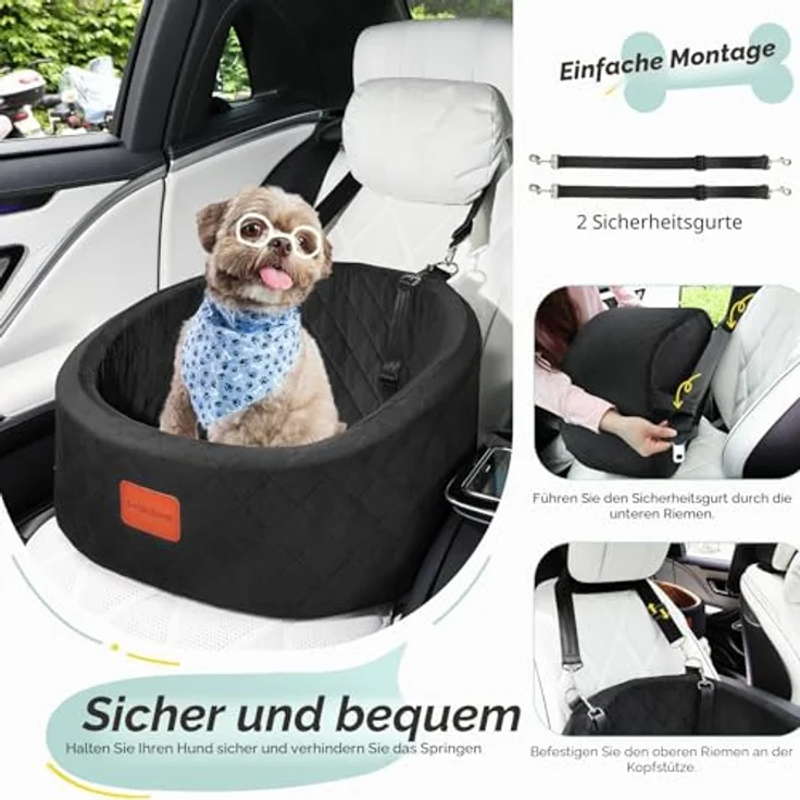 Lealchum Hunde-Autositz, Bequemer Haustier-Autositz mit Sicherheitsleinen, Waschbares Reise-Autobett, Rutschfeste Unterseite, Schwarz, Klein – Bild 4
