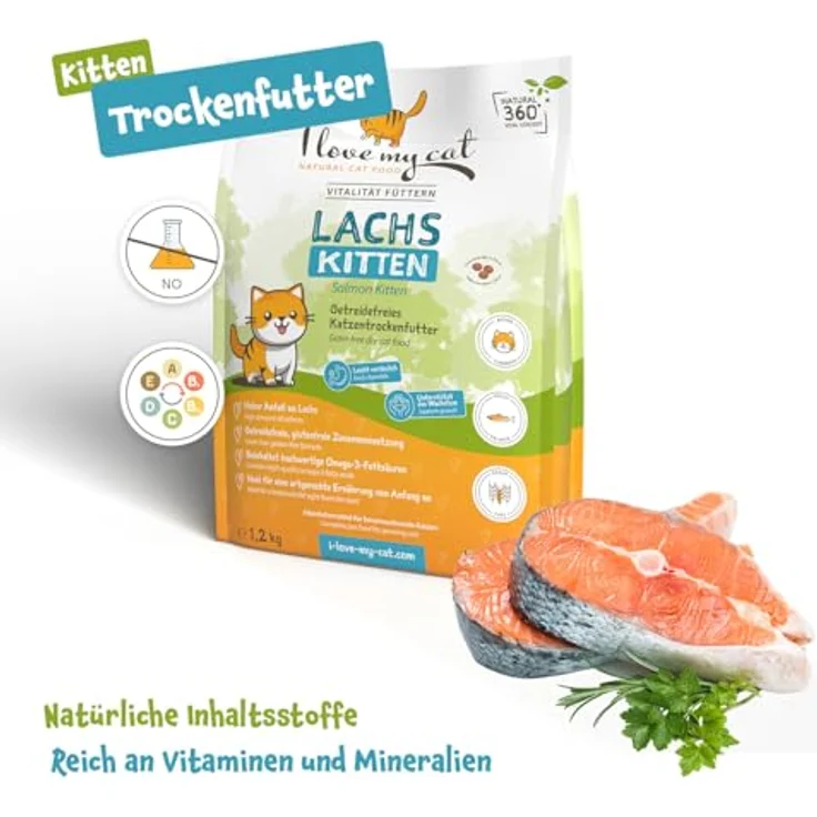 I love my cat Getreidefreies Trockenfutter für Kitten mit Lachs, leicht verdauliche Omega-3-reiche Formel zur Unterstützung von Wachstum, Haut und Fell – Bild 3