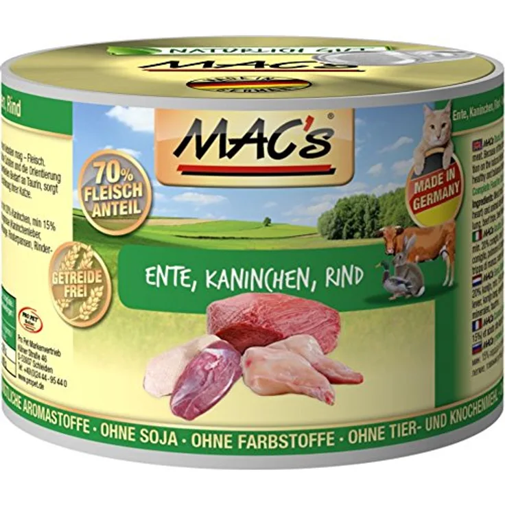 MAC's Cat Ente, Kaninchen & Rind, getreidefreies Katzen-Nassfutter, 6 x 200 g