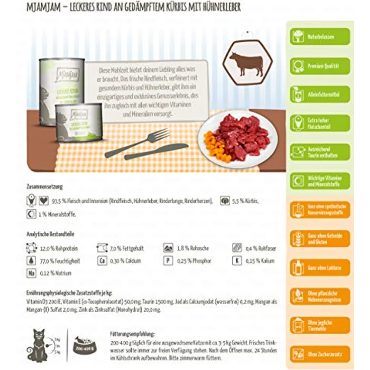 MjAMjAM Premium Nassfutter für Katzen, leckeres Rind an gedämpftem Kürbis, getreidefrei, 1 x 400 g, hoher Fleischanteil – Bild 3