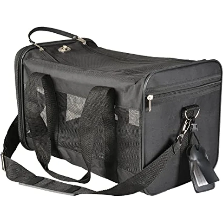 DUVO+ Tiertransporttasche Nylon schwarz, leichte Reisetasche mit stabiler Bodenplatte, Schultergurt und Belüftungsöffnungen für Katzen