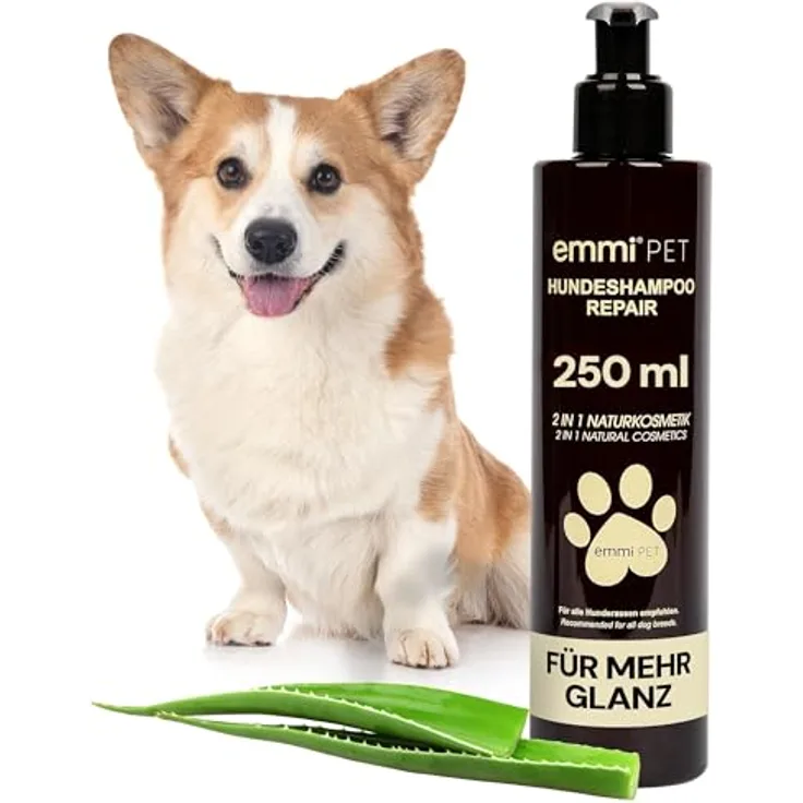 Emmi-pet Hundeshampoo 2in1 Natur Repair, 250 ml – Natürliche Fellpflege mit Aloe Vera & Kräutern, vegan & pH-hautneutral, regenerierend für alle Hunde & Welpen ab 10. Woche