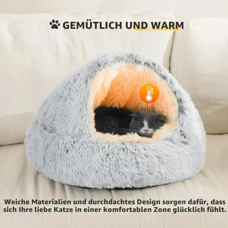 CATISM Katzenbett XL (60cm), Waschbar, Flauschiges Plüsch-Katzenschlafplatz mit Höhlendesign und rutschfestem Boden, Grau – Bild 4