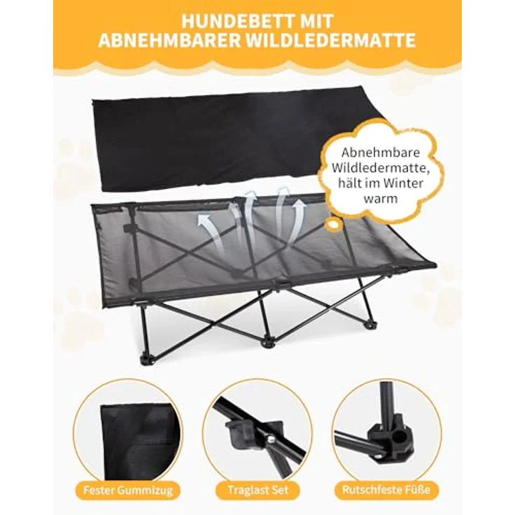 KingCamp Erhöhtes Hundebett, 2-in-1 Hundeliege mit atmungsaktivem Mesh und Wildledermatte, rutschfesten Füßen, schwarz, 121 × 68 × 30 cm – Bild 3
