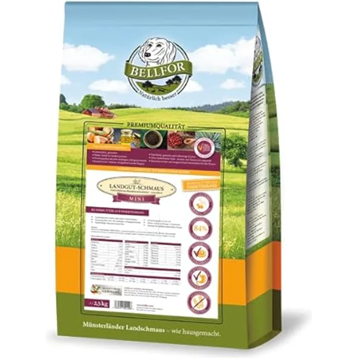 Bellfor Landgut-Schmaus Mini, Hypoallergenes getreidefreies Trockenfutter mit Insektenprotein, 2,5 kg für kleine Hunderassen