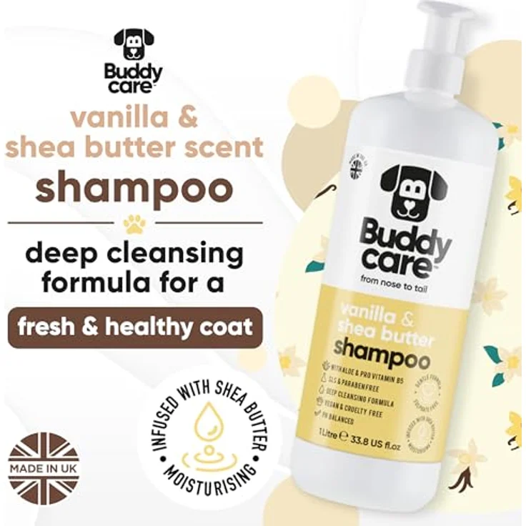Buddycare Vanille- & Sheabutter-Hundeshampoo, feuchtigkeitsspendend mit Aloe Vera und Pro-Vitamin B5, 1L – Bild 2