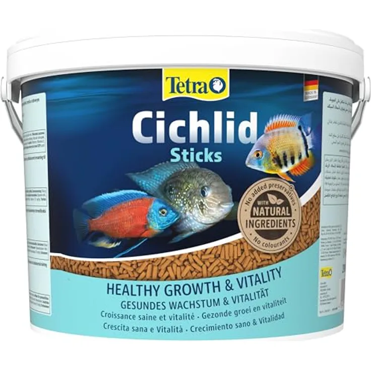 Tetra Cichlid Sticks, Fischfutter für große Cichliden, schwimmfähige Futtersticks im 10L Eimer, reich an tierischen Proteinen
