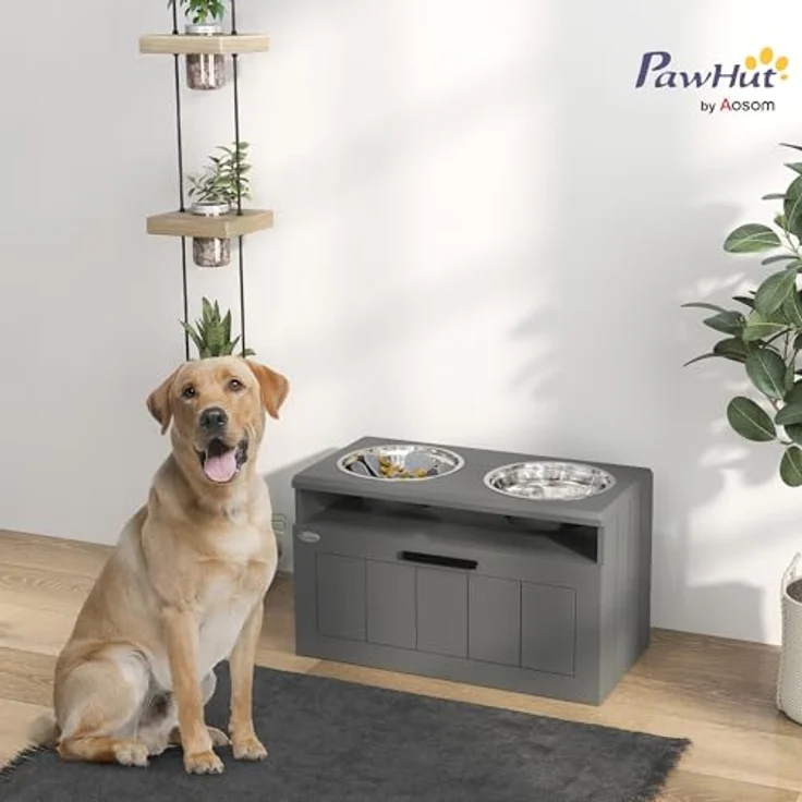 PawHut Futternapf Erhöhte Futterstation mit 2 Edelstahlschüsseln, Anti-Schling-Matte, Edelstahl, für große und extra große Hunde, Grau – Bild 3