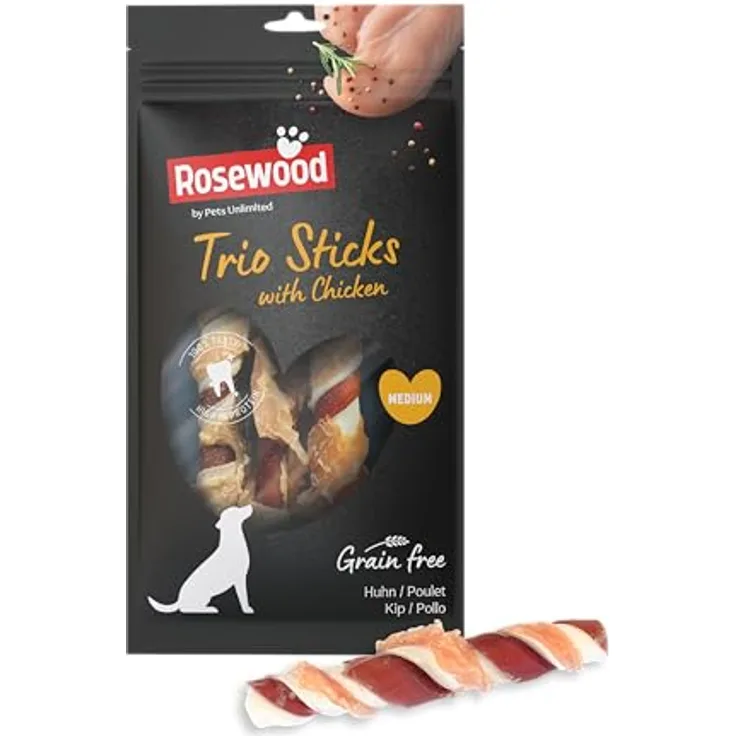 Rosewood Trio Sticks Huhn Medium, Fester Kausnack aus Rinderhaut für Hunde mit Zahnpflege-Funktion, Getreide- und Glutenfrei, 6er Pack (6x90 g)