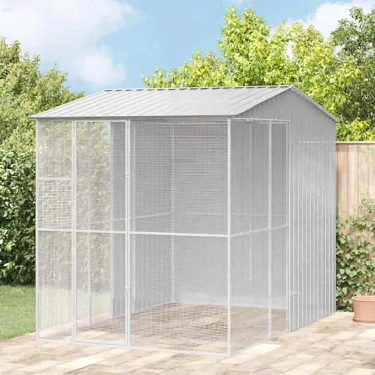 vidaXL Vogelkäfig Grau, rechteckige Voliere aus verzinktem Stahl, 215 x 310 x 247 cm, modernes Design für Garten und Terrasse – Bild 2