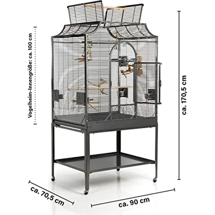 Montana Cages Vogelkäfig Madeira III, großer Käfig für Sittiche, inkl. Anflugklappe, Freisitz, 4 Edelstahlnäpfe, AVILON Pulverbeschichtung, Antik Edition, ca. 90 x 70 x 170cm – Bild 2