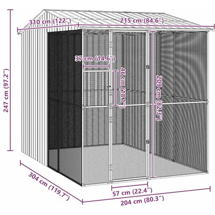 vidaXL Vogelkäfig Grau, rechteckige Voliere aus verzinktem Stahl, 215 x 310 x 247 cm, modernes Design für Garten und Terrasse – Bild 3