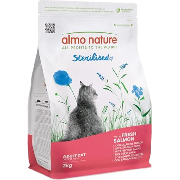 Almo Nature Sterilised, Trockenfutter für sterilisierten Katzen mit frischem Lachs, niedrigem Magnesiumgehalt und Ballaststoffen zur Gewichtskontrolle, 2kg Beutel
